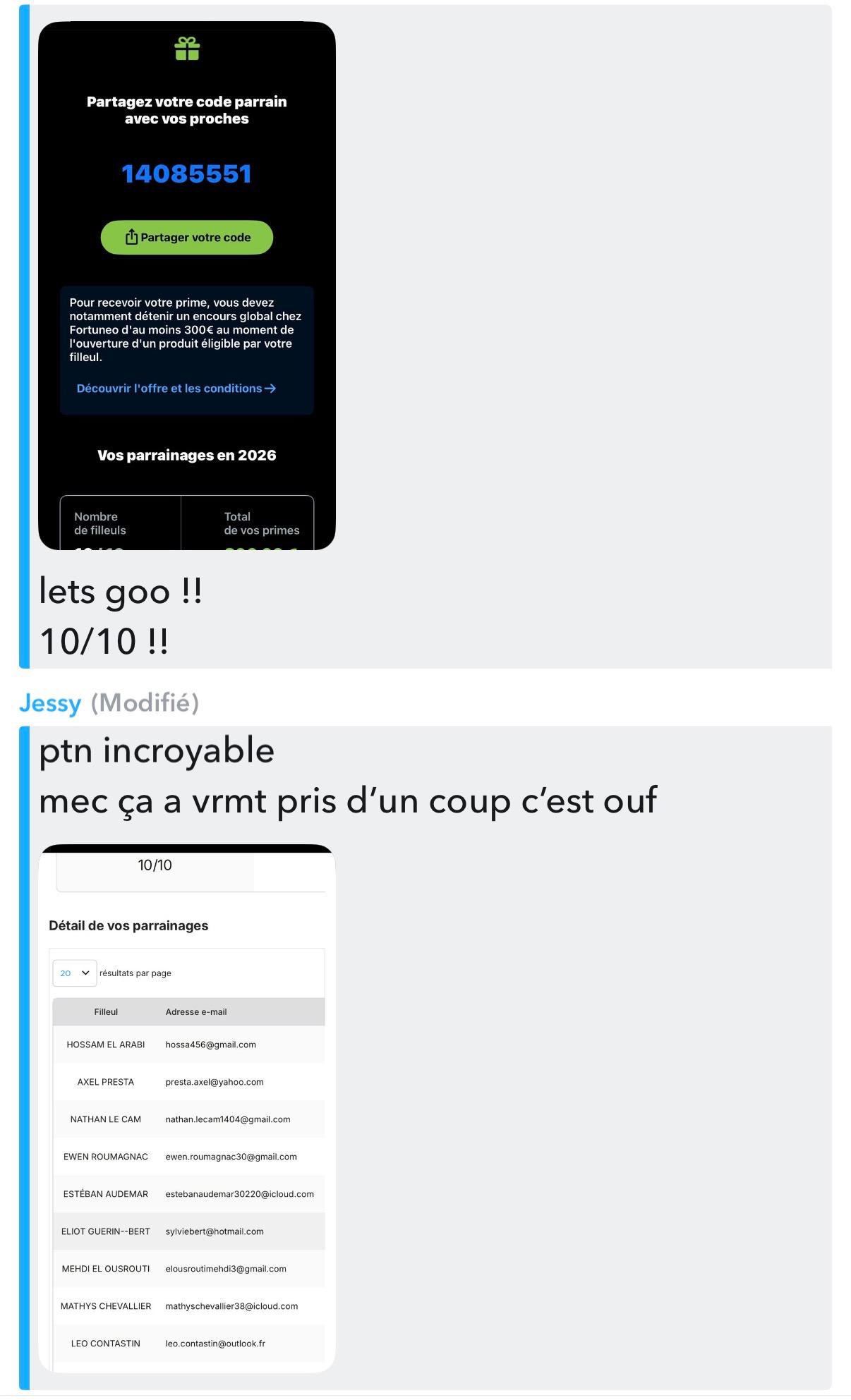 Détail parrainages Fortuneo — code partagé, 10/10 filleuls