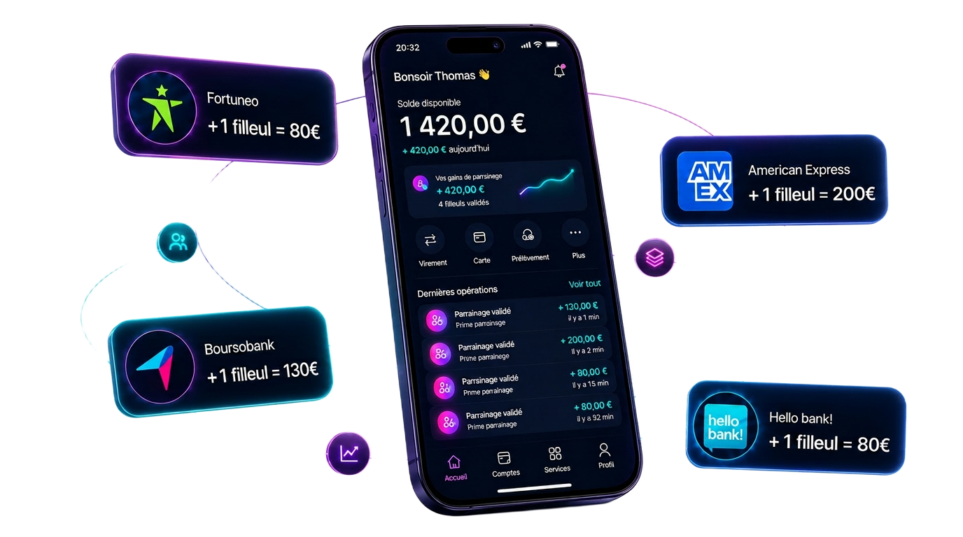 Aperçu de l'app de suivi des primes de parrainage avec Fortuneo, Boursobank, American Express et Hello bank